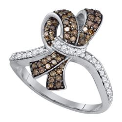 1/2 CTW Womens Round Brown Diamond Knot Bow Ring 10kt White Gold - REF-33R5X