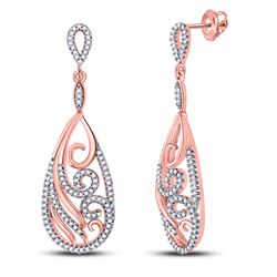 1/2 CTW Womens Round Diamond Curl Teardrop Dangle Earrings 10kt Rose Gold - REF-40T8V