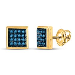 1/10 CTW Womens Blue Color Enhanced Diamond Square Cluster Stud Earrings 10k Yellow Gold - REF-13H5R