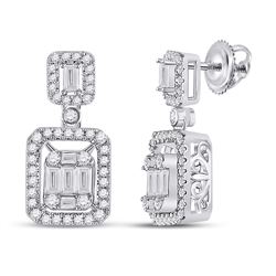 1 CTW Womens Baguette Diamond Rectangle Dangle Earrings 14kt White Gold - REF-115M8F