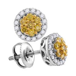 1/2 CTW Womens Round Yellow Color Enhanced Diamond Cluster Earrings 10kt White Gold - REF-30R5X