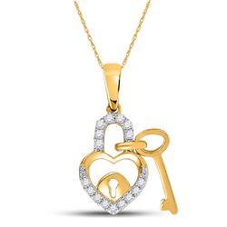 1/10 CTW Womens Round Diamond Heart Lock Key Dangle Pendant 10kt Yellow Gold - REF-11Y6N