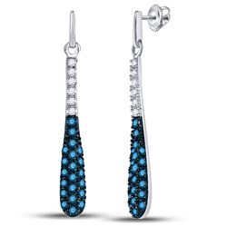 3/4 CTW Womens Round Blue Color Enhanced Diamond Teardrop Dangle Earrings 10kt White Gold - REF-34X3