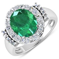 Natural 3.97 CTW Zambian Emerald & Diamond Ring 14K White Gold - REF-168W2X