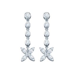 3/4 CTW Womens Round Diamond Flower Cluster Dangle Earrings 10kt White Gold - REF-40W8H