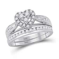 1/2 CTW Round Diamond Heart Bridal Wedding Ring Band Set 10kt White Gold - REF-55A3M
