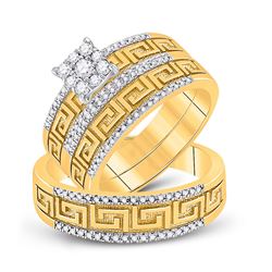 3/8 CTW His Hers Round Diamond Cluster Matching Wedding Set 10kt Yellow Gold - REF-78W5H