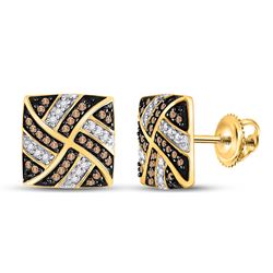 1/4 CTW Womens Round Brown Diamond Square Pinwheel Earrings 10kt Yellow Gold - REF-20W5H