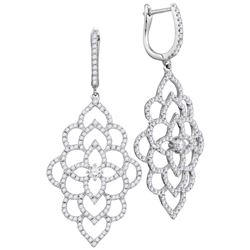 1 & 3/8 CTW Womens Round Diamond Petals Cocktail Dangle Earrings 18kt White Gold - REF-195F2W