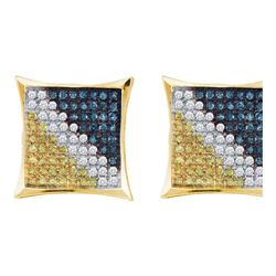 1/20 CTW Mens Round Blue Color Enhanced Diamond Square Kite Earrings 10kt Yellow Gold - REF-8A3M