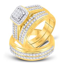 1 CTW His Hers Princess Diamond Cluster Matching Wedding Set 10kt Yellow Gold - REF-133T2V