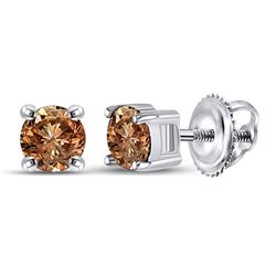 1 CTW Womens Round Brown Diamond Solitaire Earrings 10kt White Gold - REF-47A6M