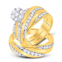 1 CTW His Hers Round Diamond Cluster Matching Wedding Set 10kt Yellow Gold - REF-95A5M