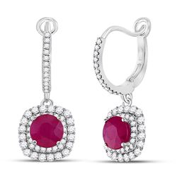 2 & 3/4 CTW Womens Round Ruby Diamond Hoop Dangle Earrings 14kt Yellow Gold - REF-92F3W