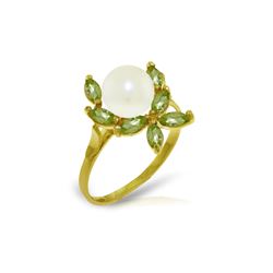 Genuine 2.65 ctw Pearl & Peridot Ring 14KT Yellow Gold - REF-28P5H