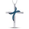 Image 1 : 1/8 CTW Womens Round Blue Color Enhanced Diamond Cross Pendant 10kt White Gold - REF-12Y2N