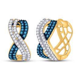 1 CTW Womens Round Blue Color Enhanced Diamond Hoop Earrings 10kt Yellow Gold - REF-54W5H