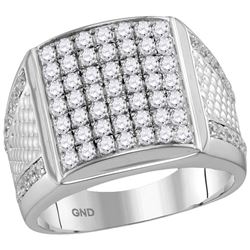 2 & 1/4 CTW Mens Round Pave-set Diamond Square Cluster Textured Ring 10kt White Gold - REF-158V7Y