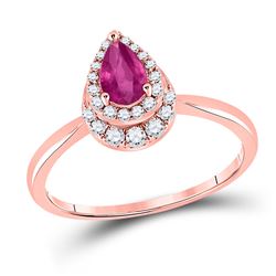 3/4 CTW Womens Pear Ruby Teardrop Halo Solitaire Ring 14kt Rose Gold - REF-30M7F