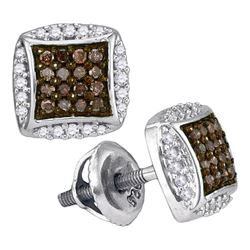 1/3 CTW Womens Round Brown Diamond Square Cluster Earrings 10kt White Gold - REF-23N3A