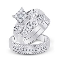 3/4 CTW His Hers Round Diamond Cluster Matching Wedding Set 14kt White Gold - REF-119R2X