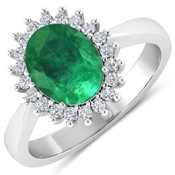 Natural 2.39 CTW Zambian Emerald & Diamond Ring 14K White Gold - REF-51H2M