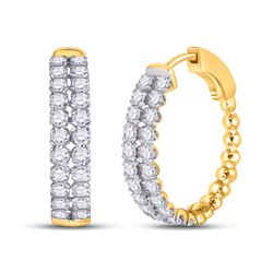 2 CTW Womens Round Diamond Double Row Hoop Earrings 14kt Yellow Gold - REF-136N4A