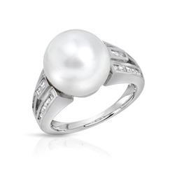 13.27 CTW Pearl & Baguette Ring 14K White Gold - REF-94Y6X