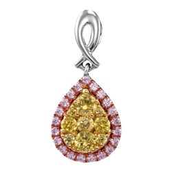 5/8 CTW Womens Round Yellow Pink Diamond Teardrop Cluster Pendant 14kt White Gold - REF-74H9R