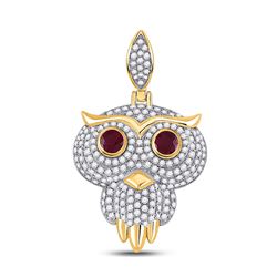 2 & 5/8 CTW Mens Round Ruby Diamond Owl Bird Charm Pendant 14kt Yellow Gold - REF-156X7T