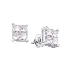 1/3 CTW Womens Princess Diamond Square Cluster Stud Earrings 14kt White Gold - REF-31F4W