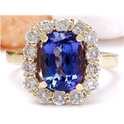 4.27 CTW Natural Tanzanite 18K Solid Yellow Gold Diamond Ring