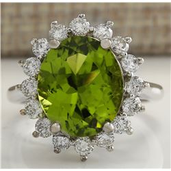 7.59 CTW Natural Peridot And Diamond Ring 18K Solid White Gold