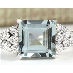 3.40 CTW Natural Aquamarine And Diamond Ring In 18K Solid White Gold