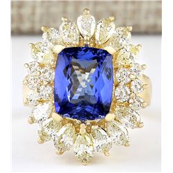 6.33 CTW Natural Blue Tanzanite And Diamond Ring 14k Solid Yellow Gold