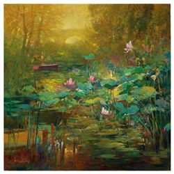 Ming Feng, "Golden Lily Pads" Hand Embellished Limited Edition on Canvas, Numbered and Hand Signed w