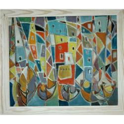 Avant Gardd Painting: Buildings and Boats  Signed: M.Helholz-Our