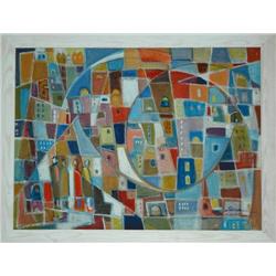 Avant Gard Painting: People & Buildings Signed: M.Helholz-Our 