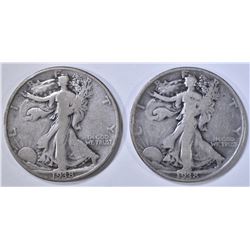 2- 1938-D WALKING LIBERTY HALF DOLLARS, VG/F