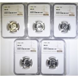 (5) 1964 WASHINGTON QUARTERS NGC MS-65