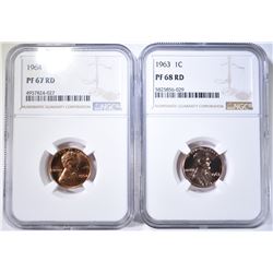 NGC GRADED LINCOLN CENTS; 1963 PF-68 RD &