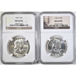 1957 & 59-D FRANKLIN HALVES, NGC MS-64 FBL