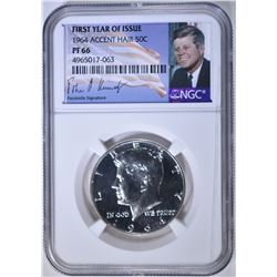 1964 ACCENT HAIR KENNEDY HALF, NGC PF-66