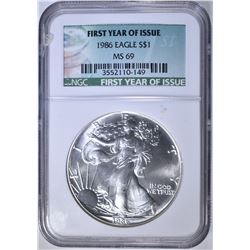 1986 AM. SILVER EAGLE, NGC MS-69 FIRST YEAR