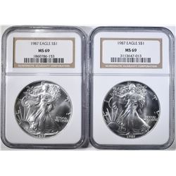 2- 1987 SILVER EAGLES, NGC MS-69