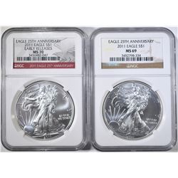 2- 2011 25TH ANNIV. AM SILVER EAGLES, BOTH NGC