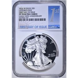 2016-W LETTERED EDGE SILVER EAGLE, NGC PF-70