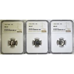 1965, 66 & 67 SMS ROOSEVELT DIMES, NGC MS-67