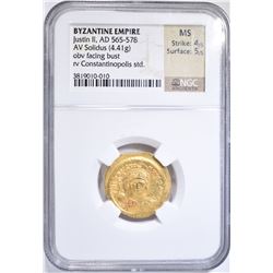 AD 565-578 JUSTIN II AV SOLIDUS NGC MS 4/5