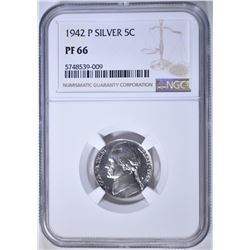 1942-P T-2 SILVER JEFFERSON NICKEL, NGC PF-66